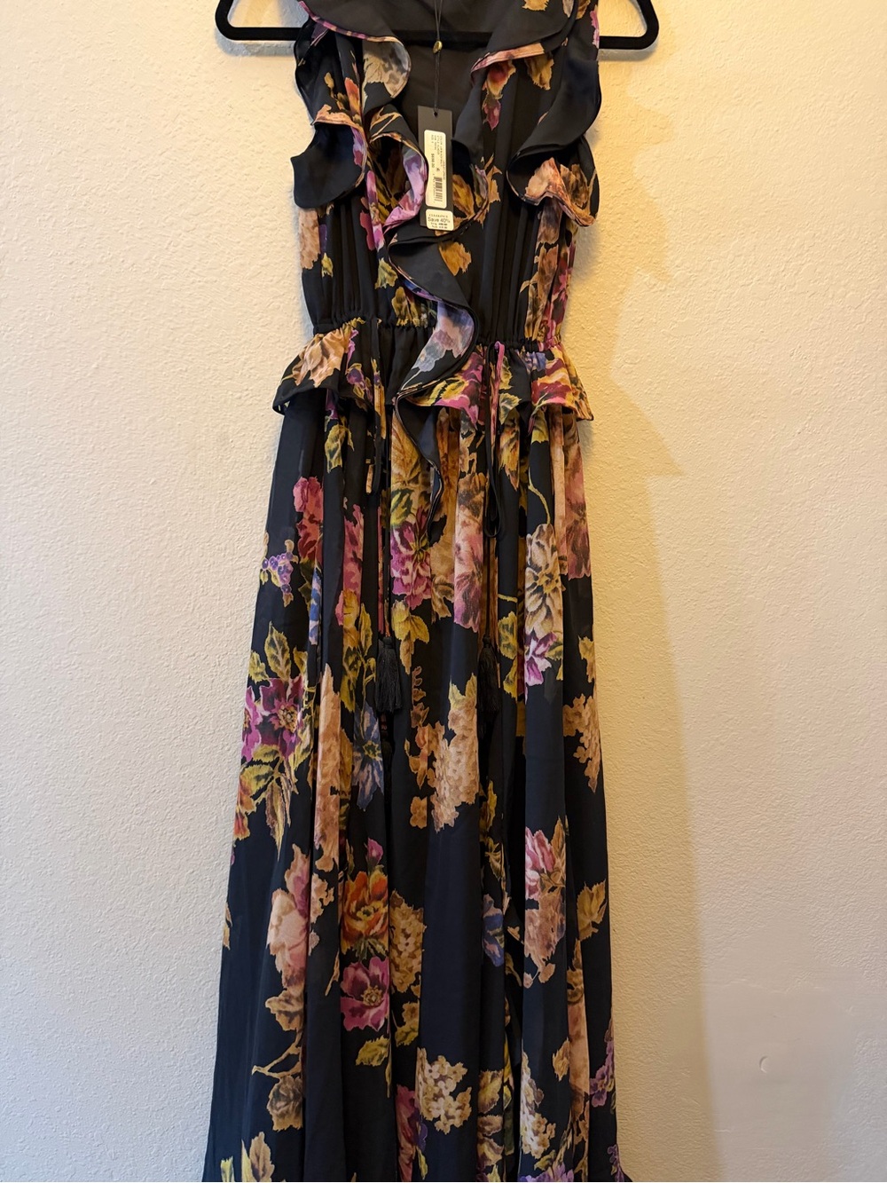 Kobi Halperin Black Floral Ruffle Maxi Dress with Pink and Cream Blooms
